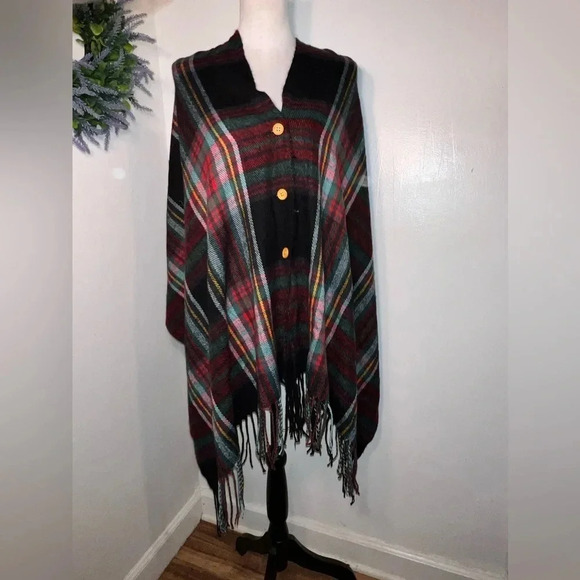 Black multicolored plaid convertible,3-button shawl w/ fringes 72”25.5” 4”fringe - Picture 2 of 5